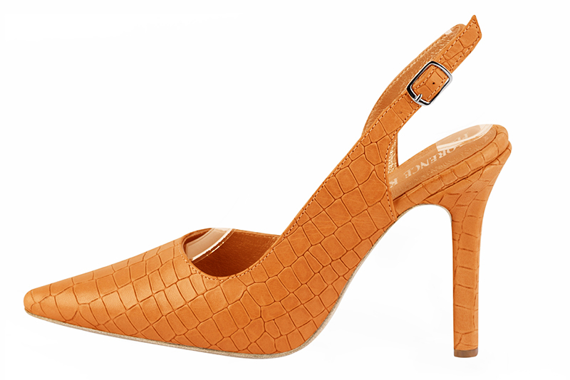 Marigold orange women's slingback shoes. Pointed toe. Very high slim heel. Profile view - Florence KOOIJMAN